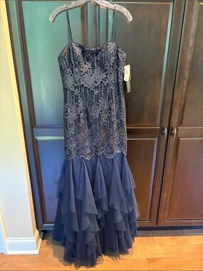 Aidan Mattox Navy Strapless Lace & Ruffled Tulle Gown